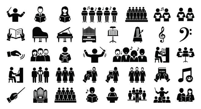 Choir and musical performance icons for church and classical music