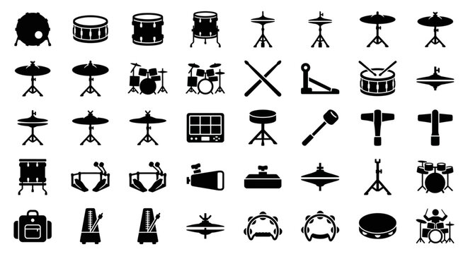 Drum kit and percussion instrument icon set