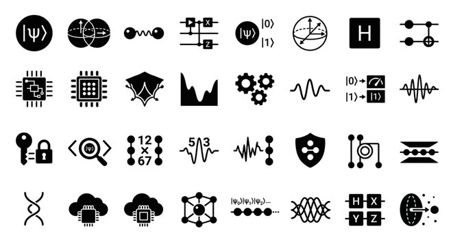 Quantum computing and physics symbols for technology and science