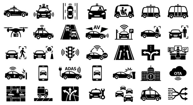Autonomous vehicle and self driving car technology icon set