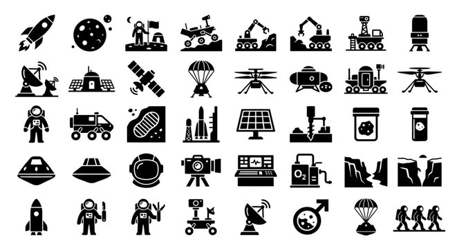 Space exploration and mars mission silhouette icon set