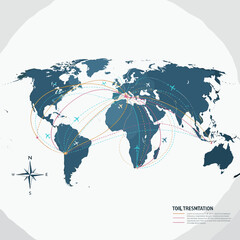 Global world map illustration showing international flight routes and travel connections. © Dimas