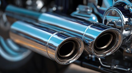 Naklejka premium Shiny chrome dual exhaust pipes on a classic cruiser motorcycle.