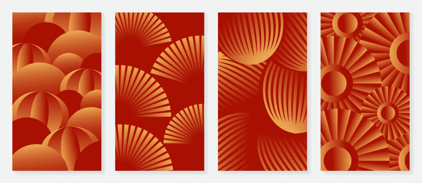 Happy Chinese New Year abstract vector greeting card templates set. Red and gold lunar holiday posters with fan shapes, geometric ornaments, scallop patterns and decorative backgrounds