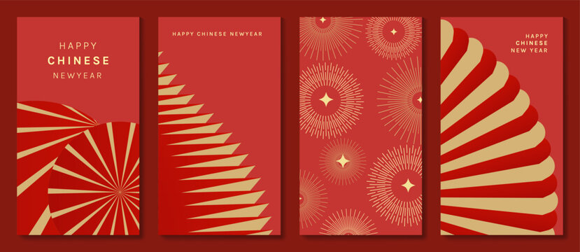 Happy Chinese New Year abstract vector greeting card templates set. Red and gold lunar holiday posters with fan shapes, geometric ornaments, scallop patterns and decorative backgrounds