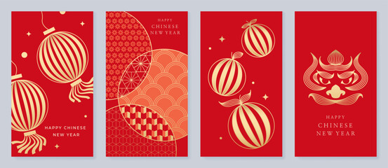 Happy Chinese New Year abstract vector greeting card templates set. Red and gold lunar holiday posters with fan shapes, geometric ornaments, scallop patterns and decorative backgrounds © TWINS DESIGN STUDIO