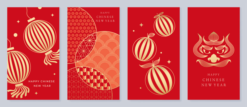 Happy Chinese New Year abstract vector greeting card templates set. Red and gold lunar holiday posters with fan shapes, geometric ornaments, scallop patterns and decorative backgrounds