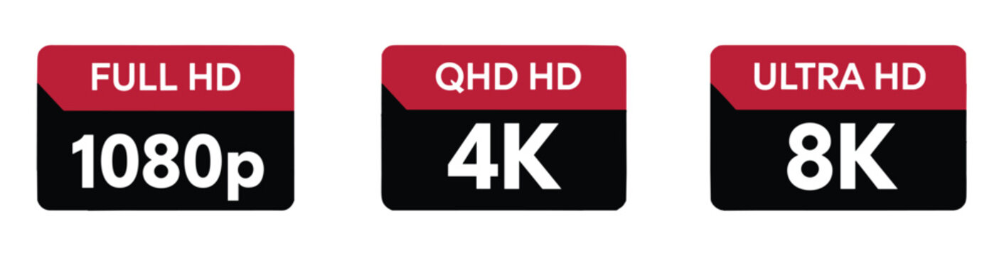 Resolution Options: A visual representation of different video resolution standards, including Full HD 1080p, QHD 4K, and Ultra HD 8K, displayed on distinct labels.