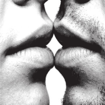 Halftone close-up of two lips about to kiss in dramatic lighting