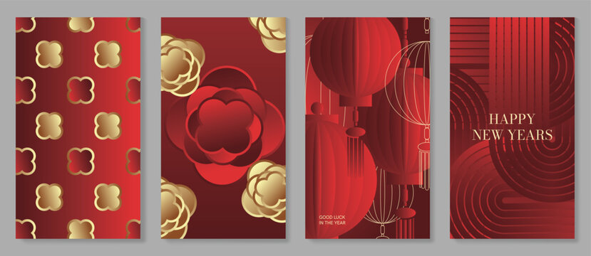 Happy Chinese New Year abstract vector greeting card templates set. Red and gold lunar holiday posters with fan shapes, geometric ornaments, scallop patterns and decorative backgrounds
