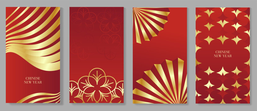 Happy Chinese New Year abstract vector greeting card templates set. Red and gold lunar holiday posters with fan shapes, geometric ornaments, scallop patterns and decorative backgrounds