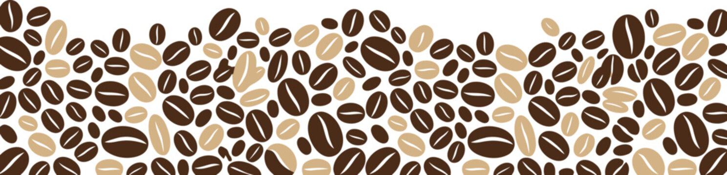 Pattern of many roasted coffee beans with small colorful squares in a horizontal border layout