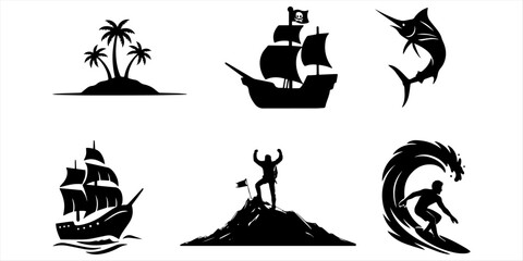 Adventure and Marine Black Silhouette Vector Icon Set Featuring Tropical Island Pirate Ship Marlin Fish Sailing Vessel Mountain Climber and Ocean Wave Isolated on White Background © Arman