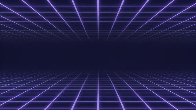 Retro-futuristic neon purple grid lines extending into the dark abyss, creating an infinite tunnel effect.