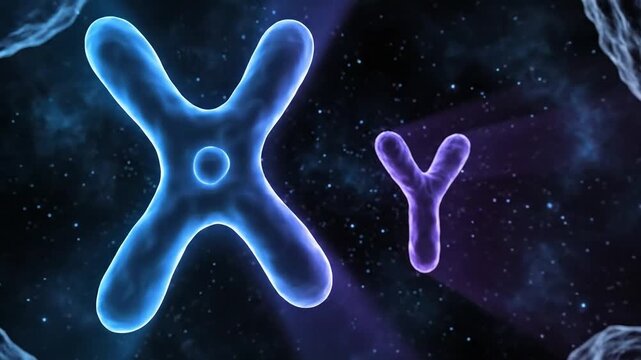 Glowing X and Y chromosomes floating in a dark cellular void representing human genetics and sex determination