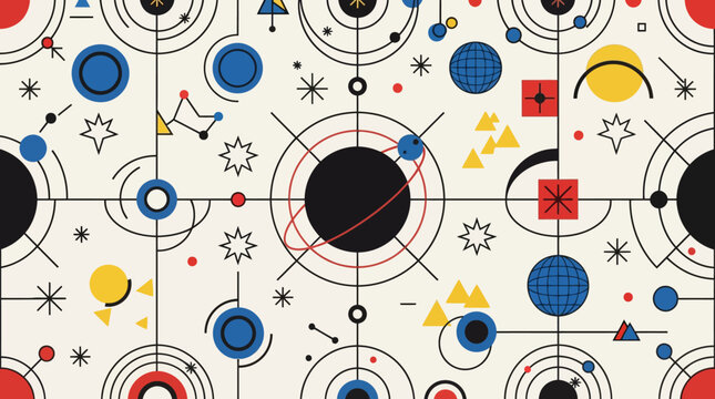 Flat vector Bauhaus celestial pattern, bold primary colors, geometric stars and planets, minimalist abstract cosmic composition, early 20th century modernism

