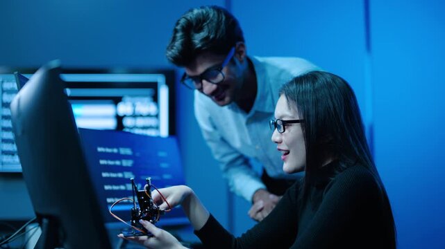 Two tech asian engineers collaborate on an innovative robotics project inside a dark futuristic high-tech lab. A female developer holds a small robot and discusses the data with a male colleague.