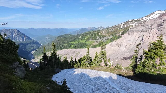 Panoramic view of mountain valley with snow patches and evergreen trees
