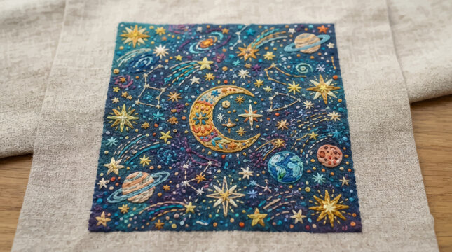 Flat vector embroidery celestial pattern, stitched texture stars and moon motifs, colorful fiber art cosmic elements, cozy handcrafted textile aesthetic

