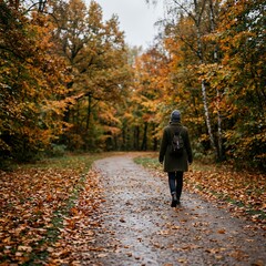 Fototapeta premium Woman walking on a forest path during autumn with colorful leaves.