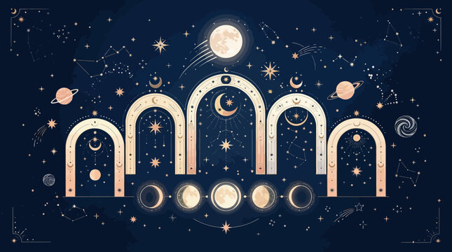 Flat vector dreamy cosmic background, floating stars, moon phases and elegant celestial arches, premium branding design

