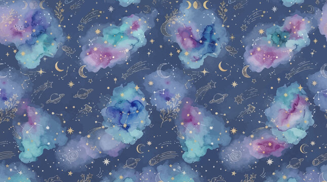 Flat vector ethereal watercolor celestial pattern, soft bleeding galaxy textures, delicate line art stars and hand-painted cosmic elements

