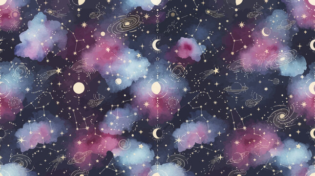 Flat vector ethereal watercolor celestial pattern, soft bleeding galaxy textures, delicate line art stars and hand-painted cosmic elements

