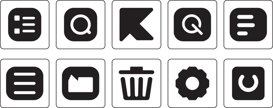 Essential user interface icon set with menu search bookmark folder delete settings and power symbols