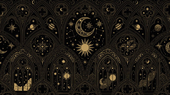 Flat vector Gothic celestial pattern, dark ornate pointed arches, stylized celestial bodies with cathedral window details, dramatic black and gold cosmic aesthetic

