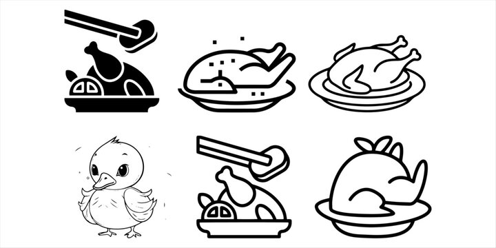 Chicken leg drumstick icons set in three different styles including outline, solid black silhouette, and flat color designs for food menu and restaurant graphic design. Roasted turkey silhouette icons