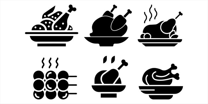 Poultry and Chicken Food Industry Glyph Icons Set. Black White Butcher Shop, Fresh Meat, Roasting, and Cooking Symbol Collection. Collection of black solid poultry icons featuring chickens and roasted