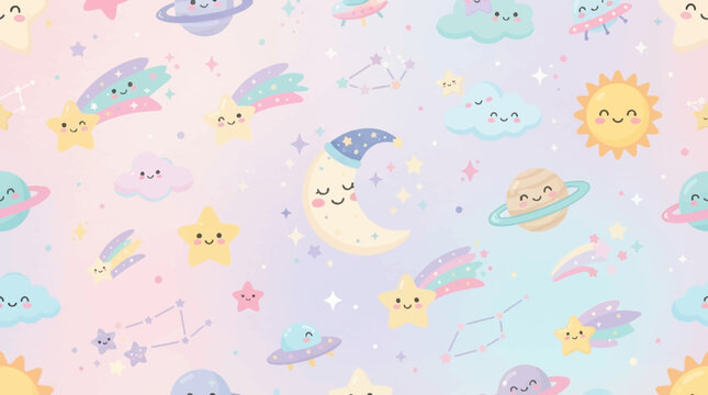 Flat vector Kawaii celestial pattern, cute smiling stars, friendly moon characters, soft pastel colors and playful cosmic elements

