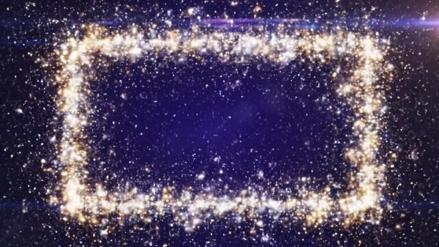 Golden and silver glittering sparkles forming a rectangular border frame on deep blue background