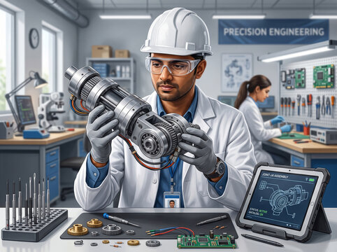Mechanical Engineer Inspecting Precision Industrial Assembly in Advanced Engineering Laboratory for Manufacturing Innovation, Product Development and Engineers' Day India