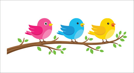 Colorful cartoon birds perched on a brown branch against a white background a cheerful vector illustration avian bluebird chickadee cute decoration design © mdaburaihan