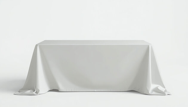 White empty cloth table isolated on white background, studio image closeup. Blank tablecloth mockup stand display for conference, show, brand events presentation. Three-dimentional blank surface