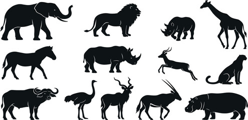 African Safari Wild Animal Silhouette Icon Set for Wildlife Conservation, Education Layouts, Logo Branding, Nature Vector Graphics, and Creative Designs © MstAfrinaAkter