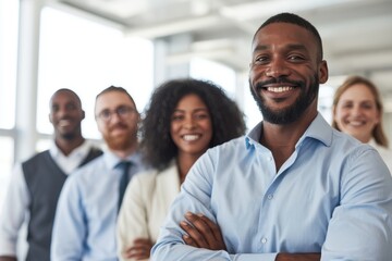 Obraz premium The Confident Team of Diverse Professionals Posing in a Bright Modern Office