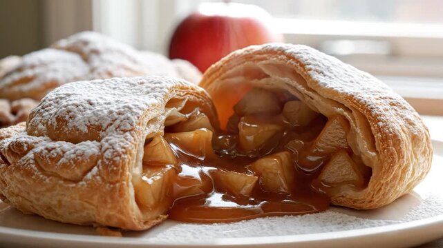 Baked apple turnover with caramel sauce and powdered sugar on white plate