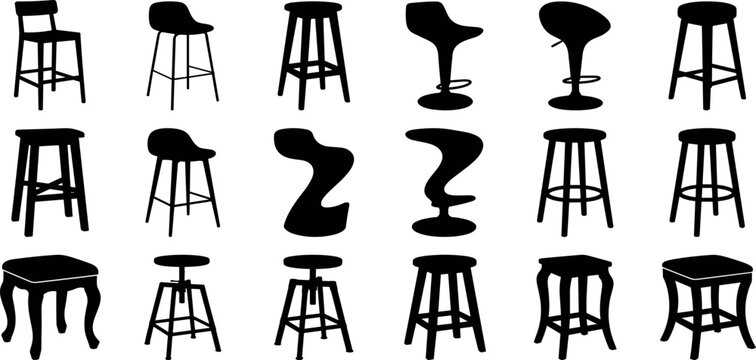 Modern Bar Stool and Kitchen Counter Chair Silhouette Vector Set for Interior Design Catalogs, Furniture Store Branding, and Architectural Layouts