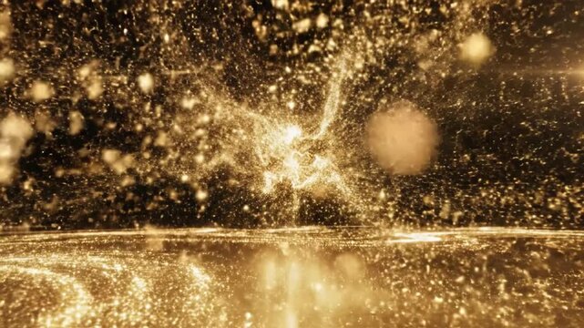 Golden glowing particles exploding and flying toward the viewer in a luxury cosmic space background