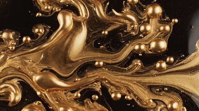 Golden metallic paint mixing with black liquid creating opulent abstract patterns and bubbles