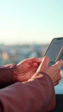 Employee, texting and hands with phone screen in city, online and communication with contact on app. Outdoor, space and business person with mobile, internet connection and networking with technology