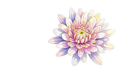 Obraz premium A delicate watercolor painting of a single chrysanthemum flower featuring soft petals in pastel tones, set against a clean white background, elegant, aesthetic, bright