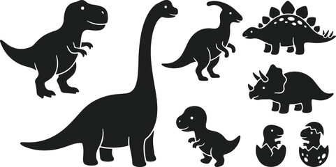 Set of cute cartoon dinosaur silhouettes isolated on white background © sefatahmed