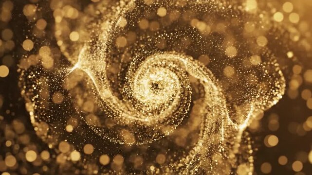 Golden shimmering particles dancing in a spiral vortex with warm bokeh light background