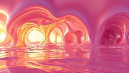Fototapeta premium Abstract fluid shapes, warm colors dominate. Reflections create surreal cavelike formations. Light emanates from within structures.