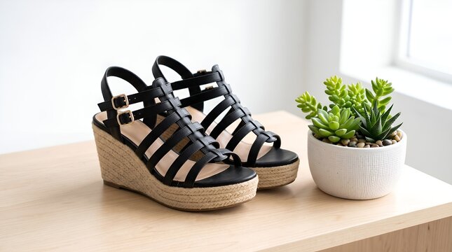 Pair of stylish black strappy wedge sandals next to a small potted succulent plant on a wooden table.