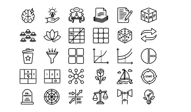 Ideation and innovation methodology outline icons | Design sprint prototype creativity research editable stroke collection on white