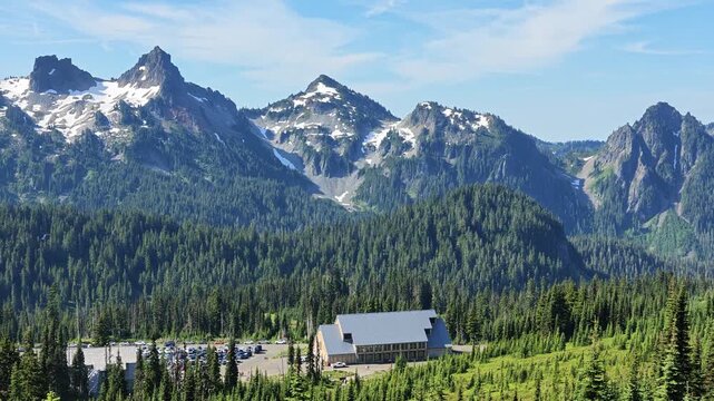 Panoramic view of mountain lodge and parking lot in Washington state